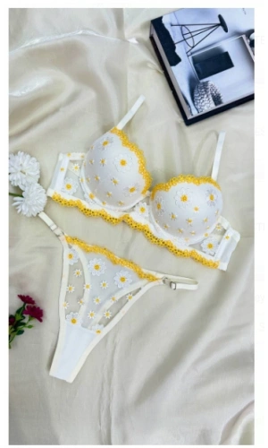 Arona Kadın Çiçek Desenli Destekli Brode İşlemeli Büstiyer Takımı - Beyaz