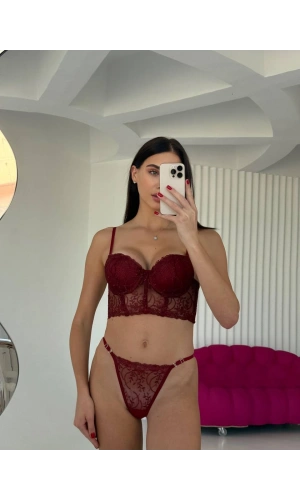 Arona Kadın Destekli Çiçek Desenli Brode Bordo Büstiyer Takımı