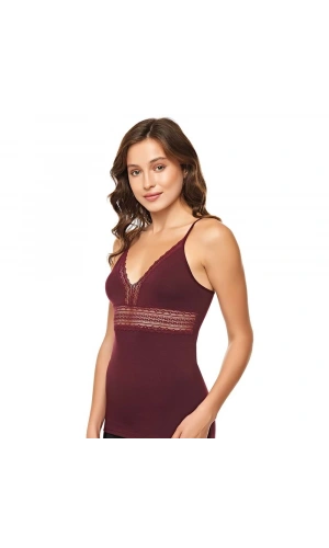 Belinay Kadın Dantel Detaylı İp Askılı Pamuklu Mürdüm Atlet