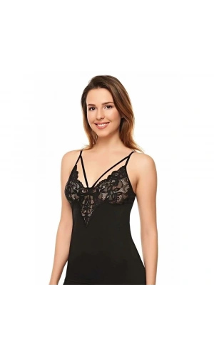Belinay Kadın Göğsü Dantel İşlemeli V Kesim Pamuklu Siyah Büstiyer Atlet