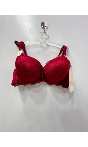 Belvü Kadın Balenli Dolgulu Dantelli Ruj Kırmızısı Sütyen