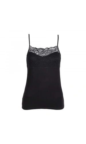 Belinay Kadın Göğüs Üstü Dantel Detaylı İp Askılı Pamuklu Siyah Atlet