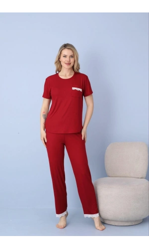 Pijamoni Kadın Dublin Kumaş Bisiklet Yaka Kısa Kollu Bordo Pijama Takımı