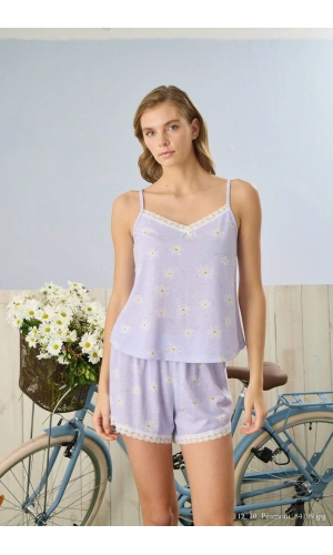 Pijamoni Kadın İp Askılı Dantel Detaylı Papatya Desenli Lila Şort Takımı