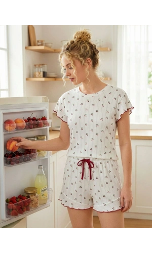 Pijamoni Kadın Pamuklu Ribana Kumaş Baskılı Şortlu D. Beyaz Pijama Takımı