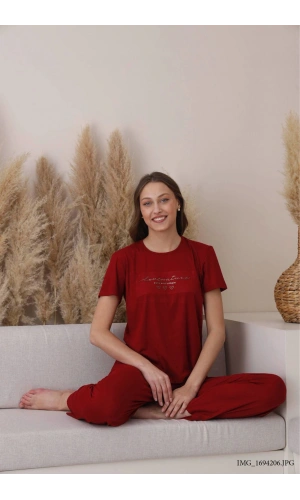 Pijamoni Kadın Dublin Kumaş Bisiklet Yaka Kısa Kollu Bordo Pijama Takımı