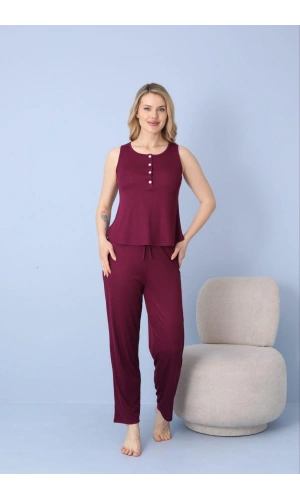 Pijamoni Kadın Dublin Kumaş İp Askılı Düğmeli Yaka Mürdüm Pijama Takımı