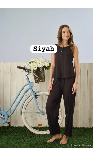 Pijamoni Kadın Dublin Kumaş İp Askılı Düğmeli Yaka Siyah Pijama Takımı