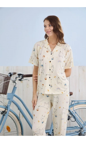 Pijamoni Kadın Önden Düğmeli Milan Kumaş Gömlek Yaka Sarı Pijama Takımı