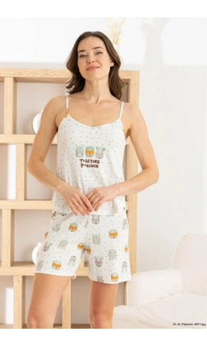 Pijamoni Kadın İp Askılı Oslo Kumaş Şortlu Desenli Beyaz Pijama Takımı