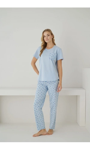 Pijamoni Kadın Süprem Kumaş Düğmeli Yaka Kısa Kollu Mavi Pijama Takımı