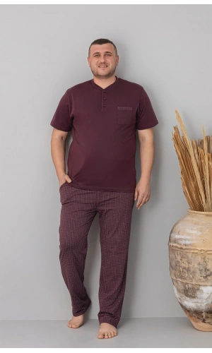 Pijamoni Erkek Büyük Beden Altı Ekose Desenli Bordo Pijama Takım