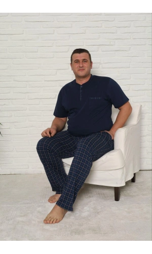 Pijamoni Erkek Büyük Beden Altı Ekose Desenli Lacivert Pijama Takım
