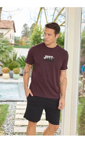 Pijamoni Erkek Bisiklet Yaka Kısa Kollu Koyu Mürdüm Şort Takımı