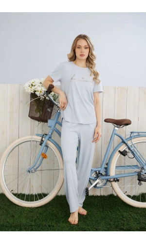 Pijamoni Kadın Dublin Kumaş Bisiklet Yaka Kısa Kollu Mavi Pijama Takımı