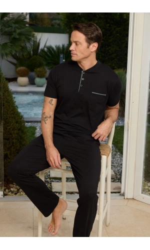 PİJAMONİ YAKA DÜĞMELİ CEPLİ PAMUK KUMAŞ KISA KOLLU PİJAMA TAKIMI