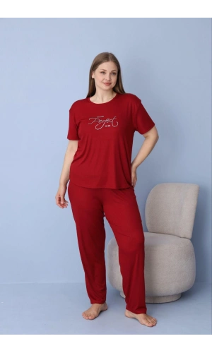 Pijamoni Kadın Büyük Beden Dublin Kumaş Kısa Kollu Bordo Pijama Takımı