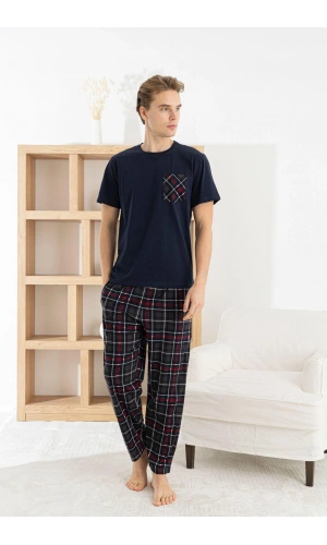 Pijamoni Erkek 3 Parça Ekose Desenli Pamuklu K. Lacivert Pijama Takımı