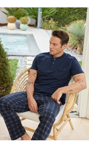 Pijamoni Erkek Pamuklu Düğmeli Yaka Lacivert Pijama Takımı