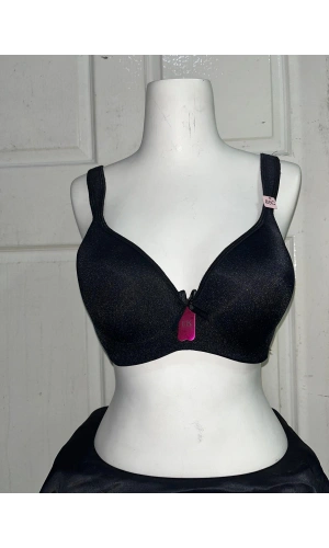 F.K Kadın C Cup Parlak Kumaş Desteksiz ve Balenli Siyah Sütyen
