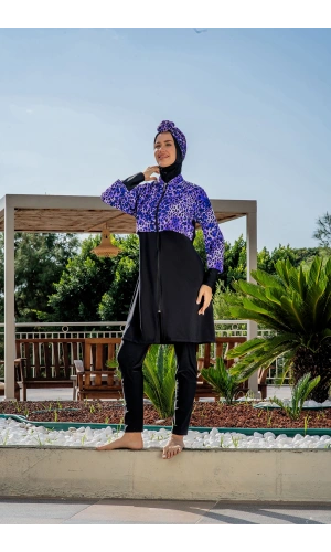 Kadın Crop Üst Rahat Kesim Lycra(Su İten Kumaş) Haşema Mor Mayo Takımı