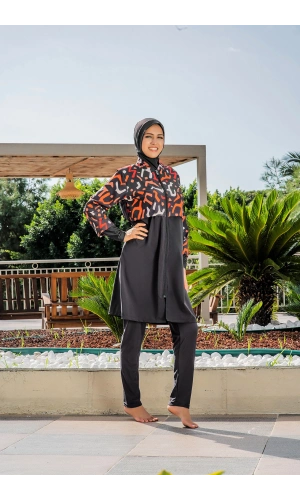 Kadın Crop Üst Rahat Kesim Lycra(Su İten Kumaş) Haşema Antrasit Mayo Takımı