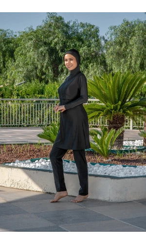 Kadın Tesettür Mayo Tam Kapalı Haşema Siyah Uzun Kollu Hızlı Kuruyan Deniz Havuz Mayo Takımı