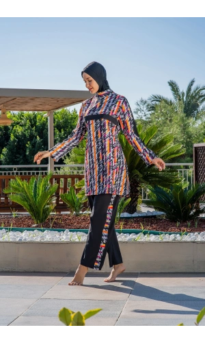 Ruko Kadın Tam Kapalı Geometrik Desenli Siyah Haşema Tesettür Mayo