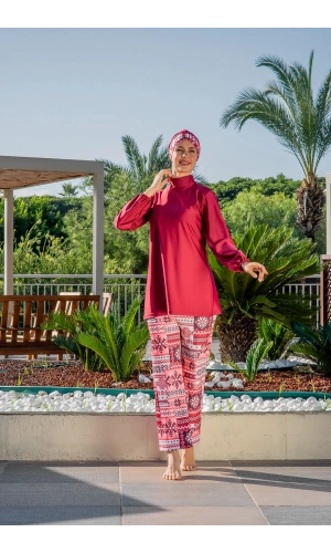 Ruko Kadın Lacivert Turuncu Geometrik Desenli Tam Kapalı Tesettür Mayo Haşema