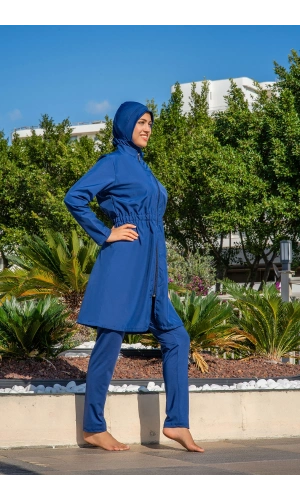 Kadın Balıkçı Yaka Tam Kapalı Lacivert Uzun Kollu Hızlı Kuruyan Deniz Havuz Tesettür Mayo Takımı