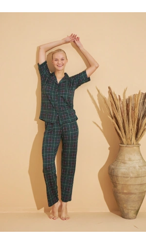 Pijamoni Kadın Önden Düğmeli Milan Kısa Kol Pijama Takımı YEŞİL EKOSE