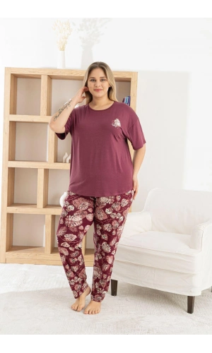 Pijamoni Ring Viskon Kısa Kol Pijama Takımı-Mürdüm