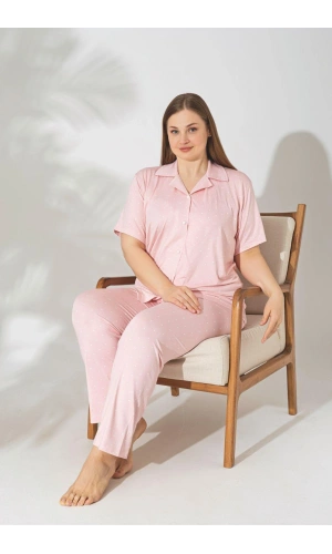 Pijamerry Büyük Beden Kısa Kol Milan Kumaş Pijama Takımı