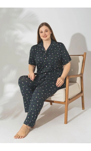 Pijamerry Büyük Beden Kısa Kol Milan Kumaş Pijama Takımı