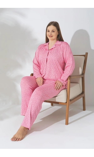 Pijamerry Büyük Beden Uzun Kol Milan Kumaş Pijama Takımı