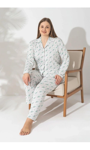 Pijamerry Büyük Beden Uzun Kol Milan Kumaş Pijama Takımı