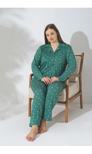 Pijamerry Büyük Beden Uzun Kol Milan Kumaş Pijama Takımı