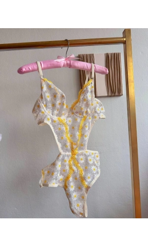 ARONA Transparan Çiçekli Desenli Bodysuit-sarı papatya