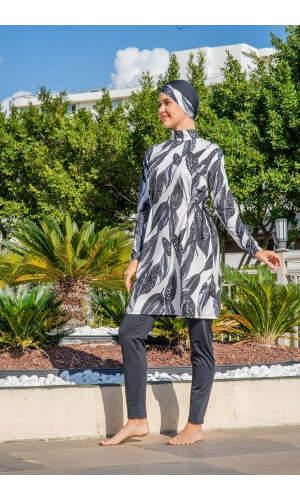Kadın Crop Üst Rahat Kesim Lycra(Su İten Kumaş) Siyah Desenli Tesettür Mayo Takımı