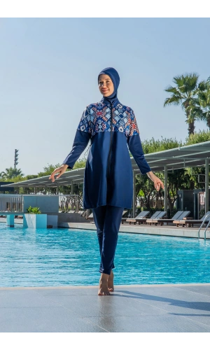 Kadın Crop Üst Rahat Kesim Lycra(Su İten Kumaş)Lacivert Desenli Tesüttür Mayo Takımı