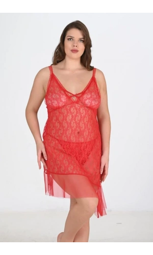 AHU Primoda Büyük Beden Kırmızı Tül Gecelik