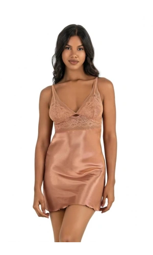 AHU Primoda Dantel Ve Tül Detaylı Kısa Bakır Saten Gecelik - 8230