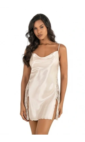 Ahu Kadın İp Askılı Dantel Detaylı Kısa Saten Gecelik - Fil Dişi
