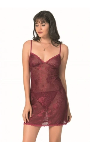 Ahu Primoda Kadın Jakarlı Dantelli Külotlu Şarap Rengi Gecelik Takımı