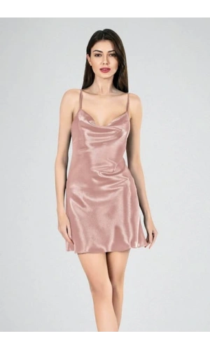 Ahu Kadın İp Askılı Degaje Yaka Kısa Gecelik – Vizon