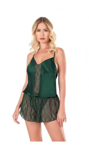 Primoda Yeşil Saten Kumaş Tül Detaylı Babydoll Şort Takımı