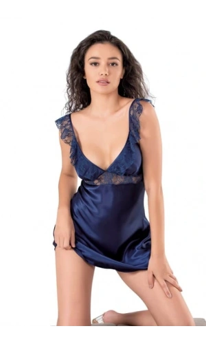 Ahu Kadın Saten Dantelli V Yaka Kısa Lacivert Gecelik