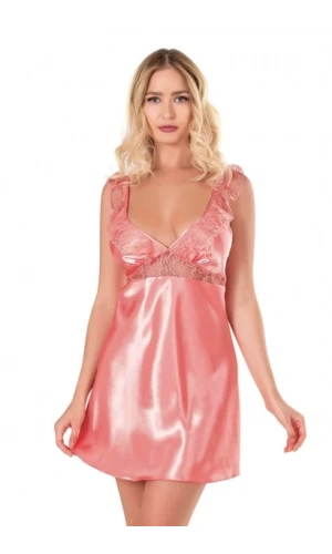 Primoda Mercan Rengi Saten Kumaş Dantel Detaylı Kısa Gecelik