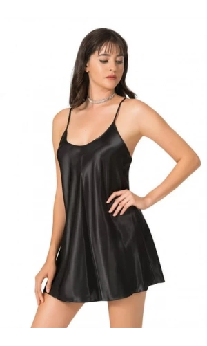 AHU Primoda Mini İp Askılı Siyah Saten Gecelik - 8093