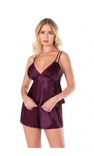 Primoda Mürdüm Saten Kumaş İnce Askılı Babydoll Şort Takımı